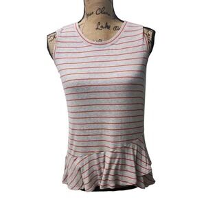 Cabi Striped Tank Top Ruffle Hem Sleeveless Casual Gray Red XS‎